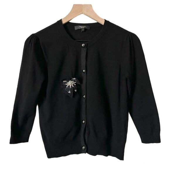 Max Mara Weekend Knit 3/4 Sleeve Cardigan Sweater in Black Bow Pin Size Medium - Picture 1 of 5